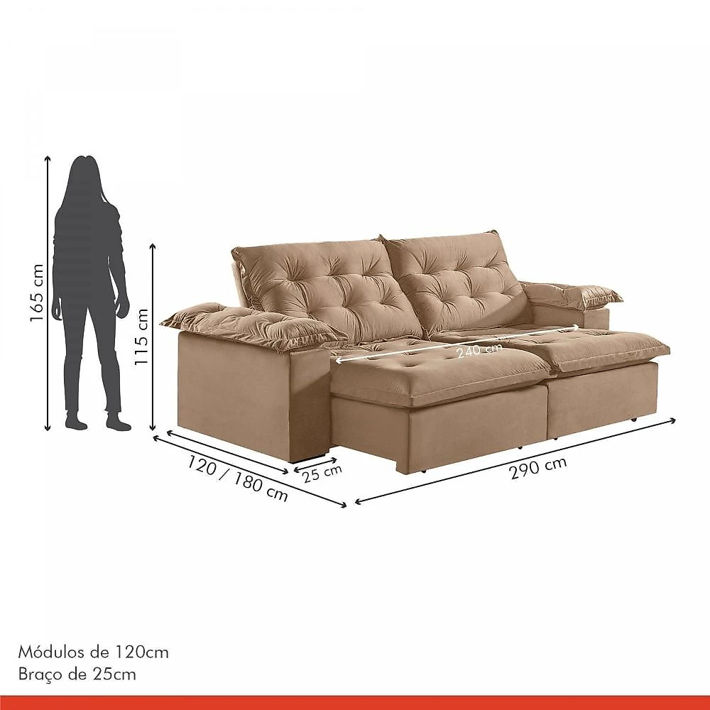 Sofá Modulado Retrátil e Reclinável 290cm Genebra Sofá Retrátil e Reclinável 290cm M147 Martins Estofados Veludo/Capuccino