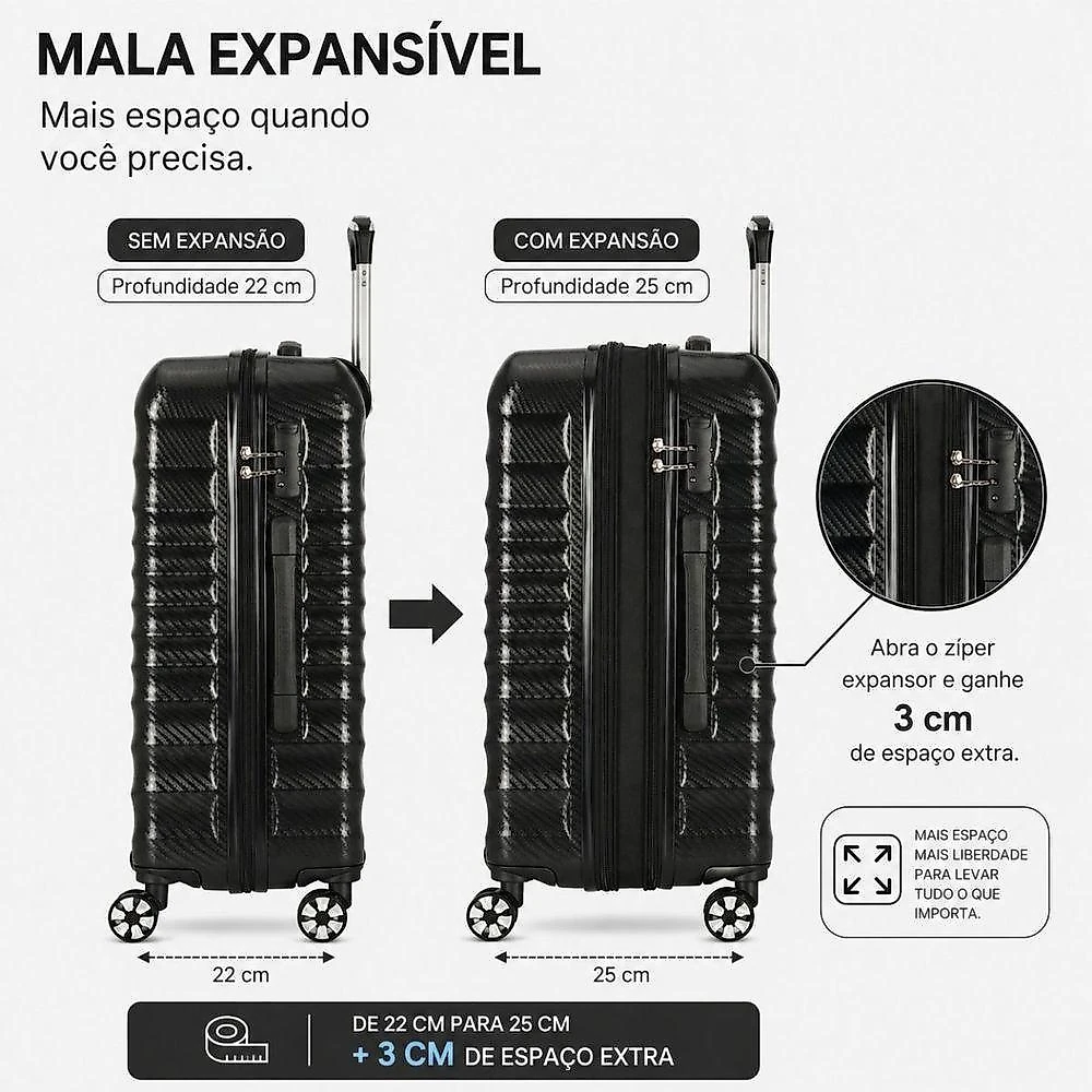 Mala Bordo 10kg De Mão Viagem Expansiva Policarbonato Rodas Duplas 360º - Colorado - Polo King Preto
