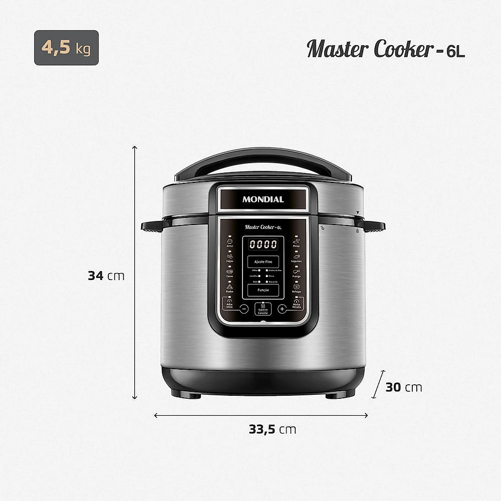 Panela de Pressão Elétrica Digital 6L Mondial Preto/Inox - PE-60-6L-I PAN. ELET. PRESS. PE-60-6L-I 127V/60HZ