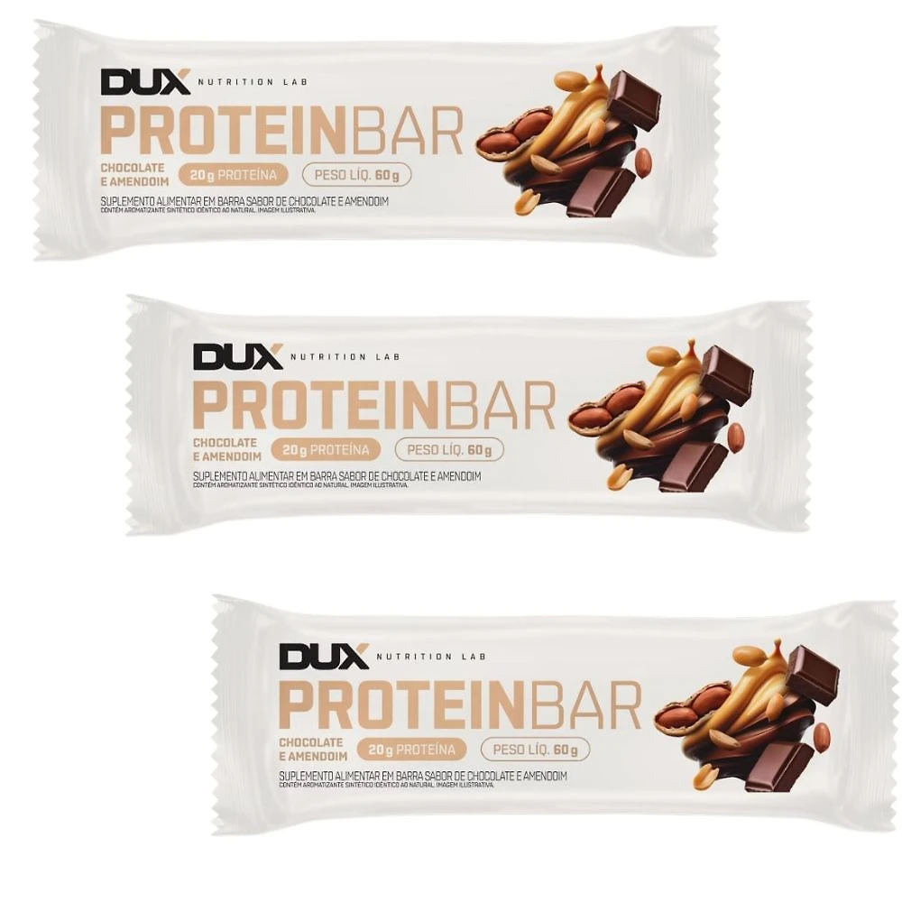 Kit 3 Barra de Proteína Dux Proteibar Chocolate e Amendoim 20g de Proteína com 60g