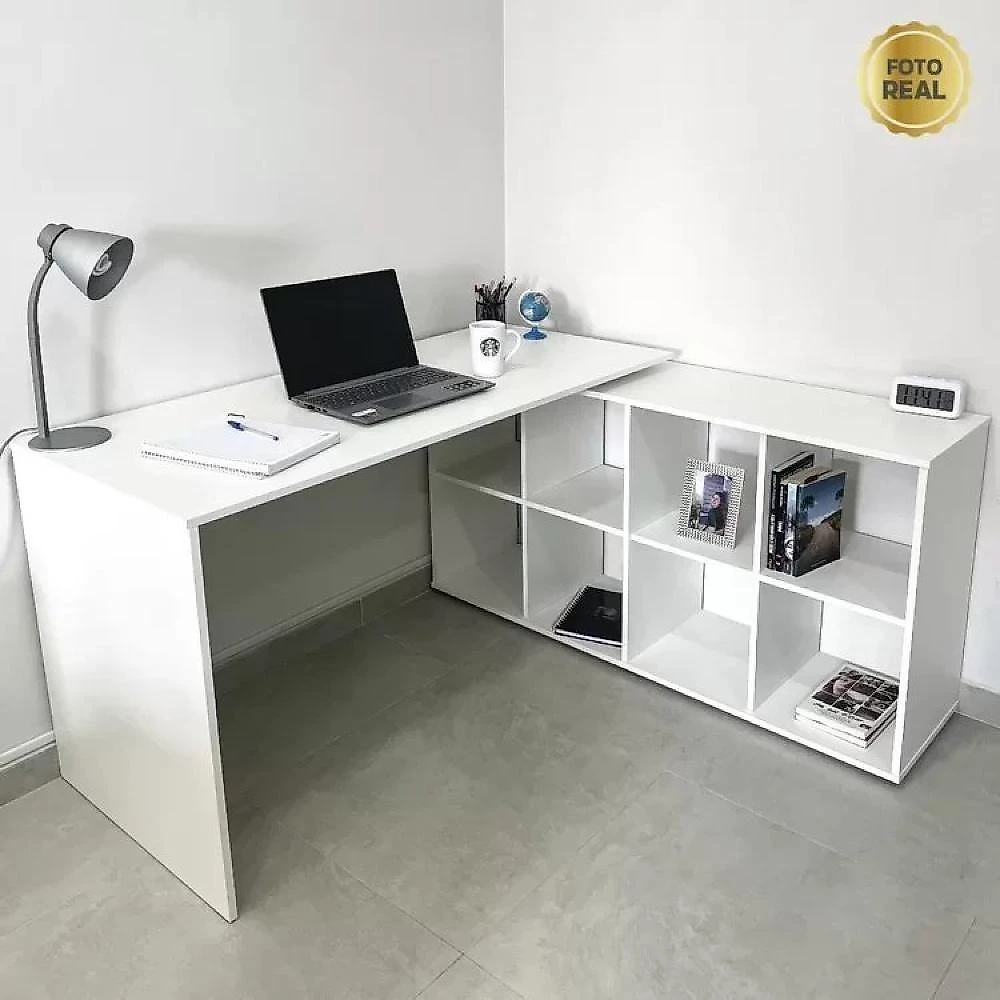 Kit 2 Peças com Escrivaninha em L Cubos e Estante Livreiro Conjunto para Escritório e Home Office com Mesa em L com Nichos e Estante com Nichos Branco