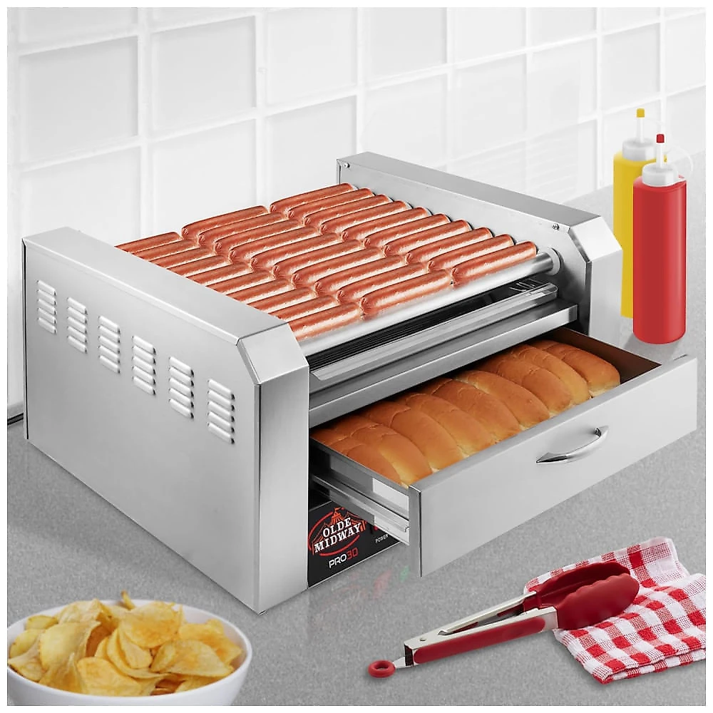 Máquina de Cachorro Quente até 30 Salsichas com Gaveta Aquecida para Pães, em Aço Inoxidável de Fácil Limpeza, 110V 1600W, Olde Midway, Prata 110v
