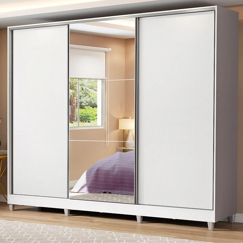 Guarda roupa casal 100% mdf madesa zurique 3 portas de correr com espelho com pés - branco