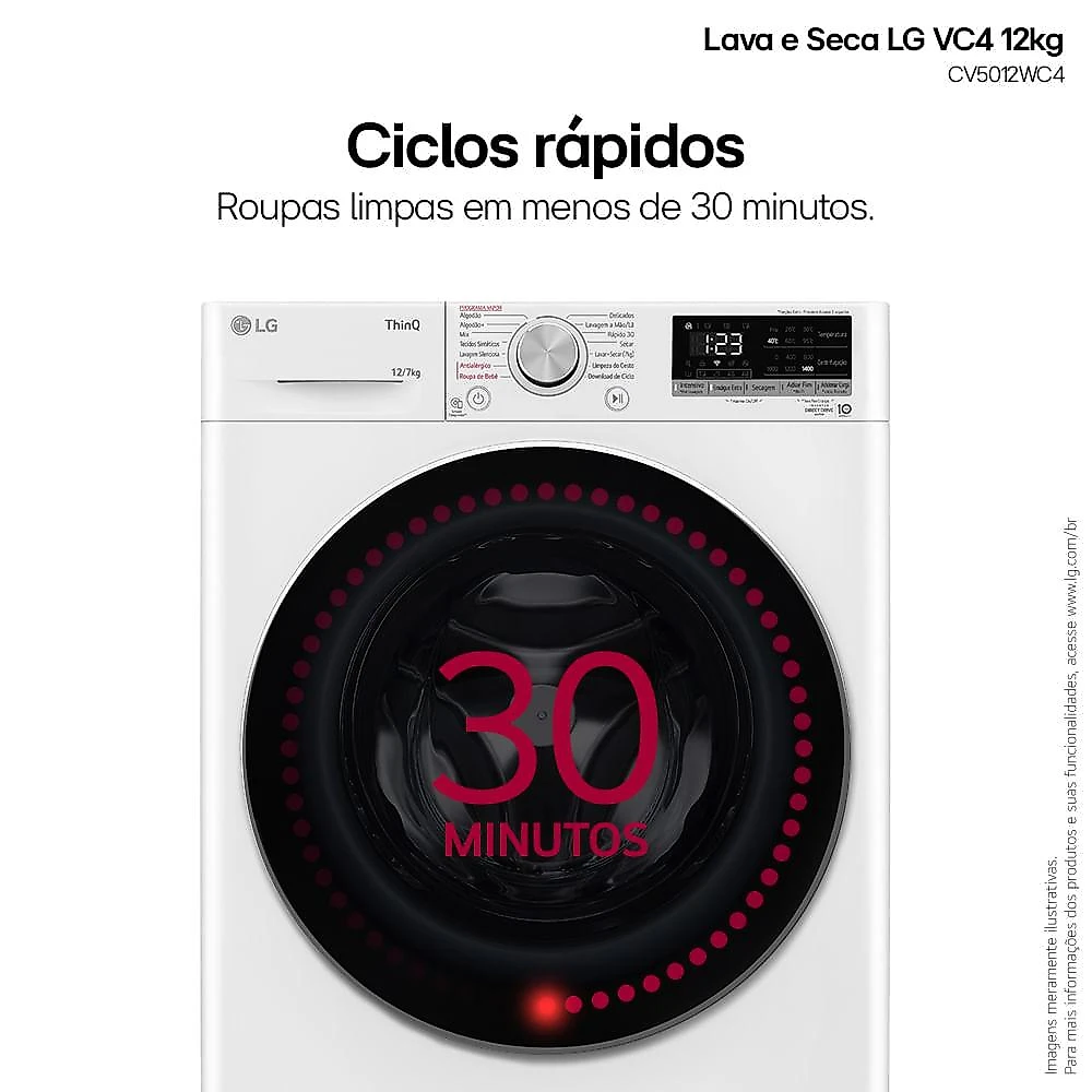 Lava e Seca LG VC4 Smart com Inteligência Artificial 12kg Branca CV5012WC4 127V