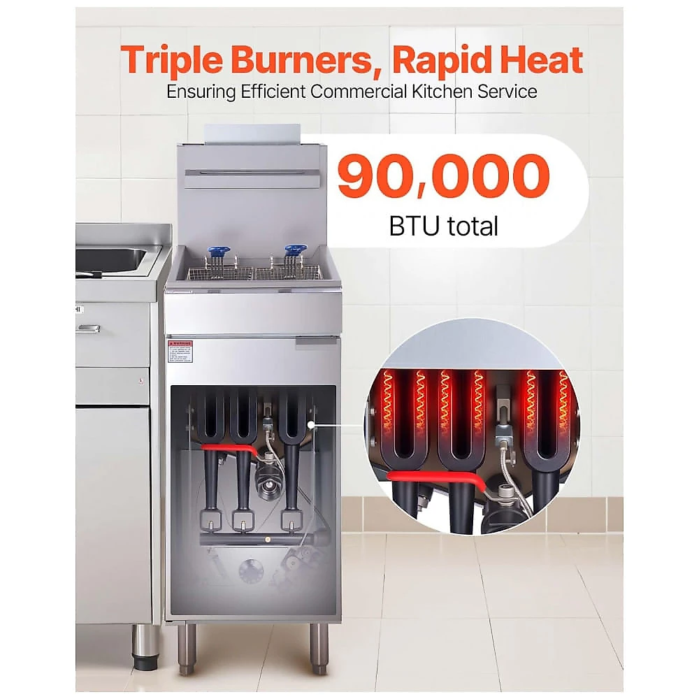 Fritadeira Comercial a Gás VEVOR GF90 Inox 3 Queimadores 18,1 kg 2 Cestas 90.000 BTU