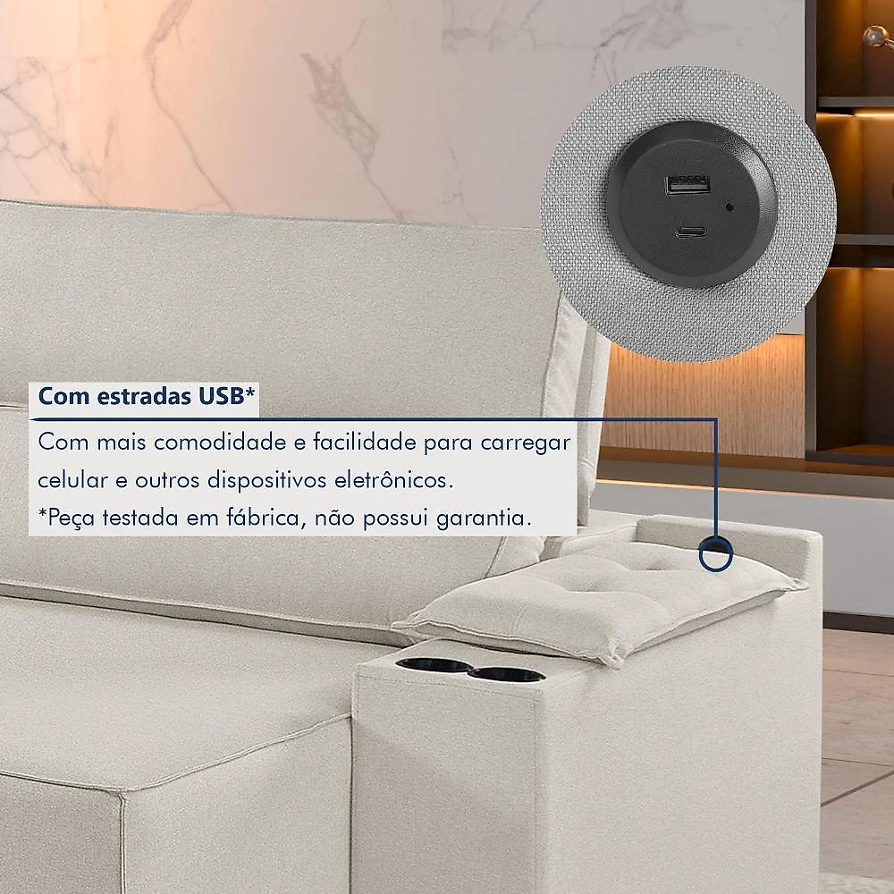 Sofá Retrátil e Reclinável 4 Lugares com Entrada USB e Porta Copos 230cm Irlanda Yescasa Sofá Retrátil e Reclinável 4 Lugares 230cm M180 Linho/Bege Claro