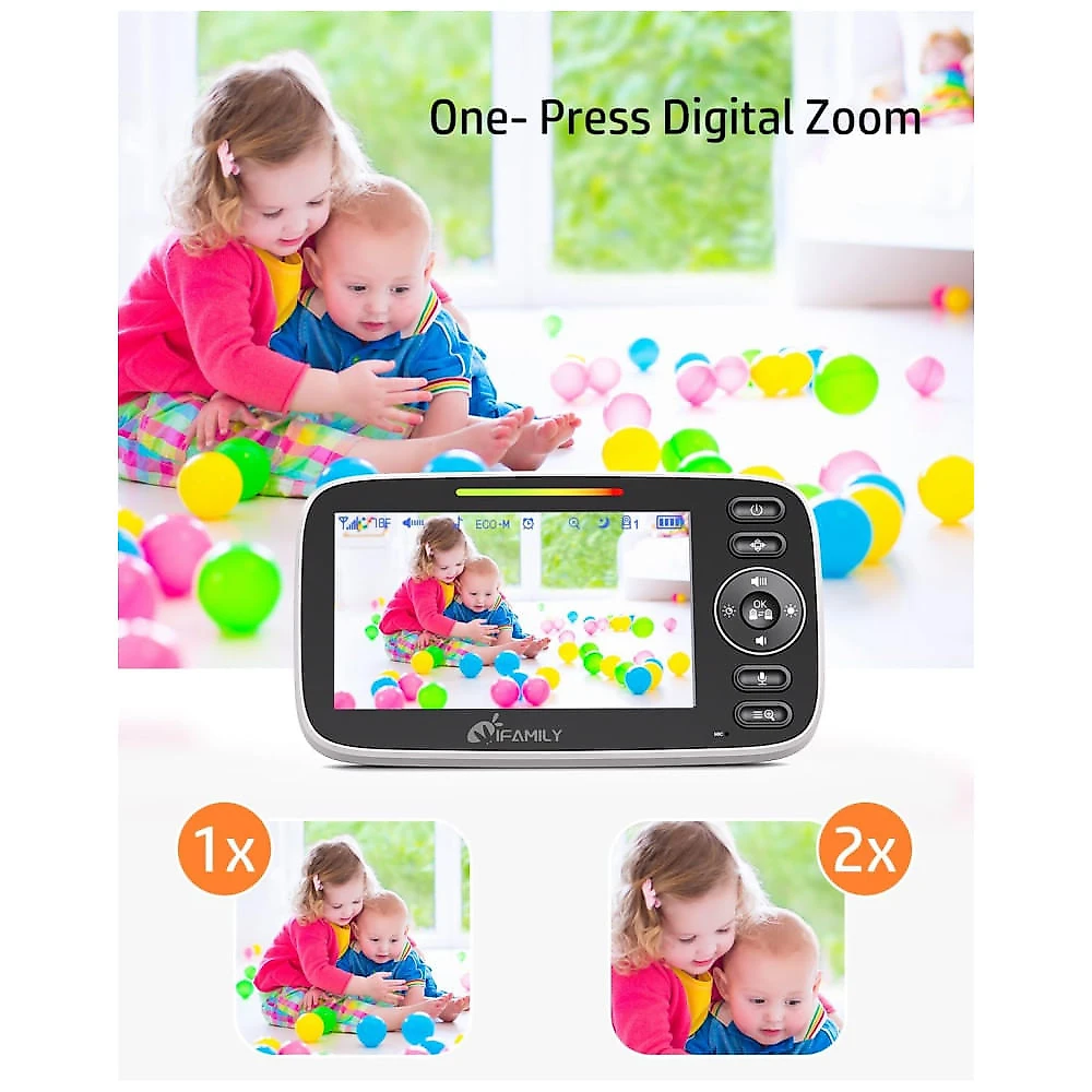 Monitor de Bebê iFamily Split Screen, com Tela Grande, 2 Câmeras e Áudio, Visão Noturna, Sensor de Temperatura e Relógio de Alimentação
