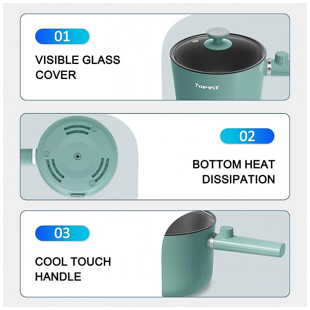 TopWit Hot Pot Elétrico 1,5L com Revestimento Antiaderente Verde - Controle Dual de Potência e Proteção Contra Superaquecimento