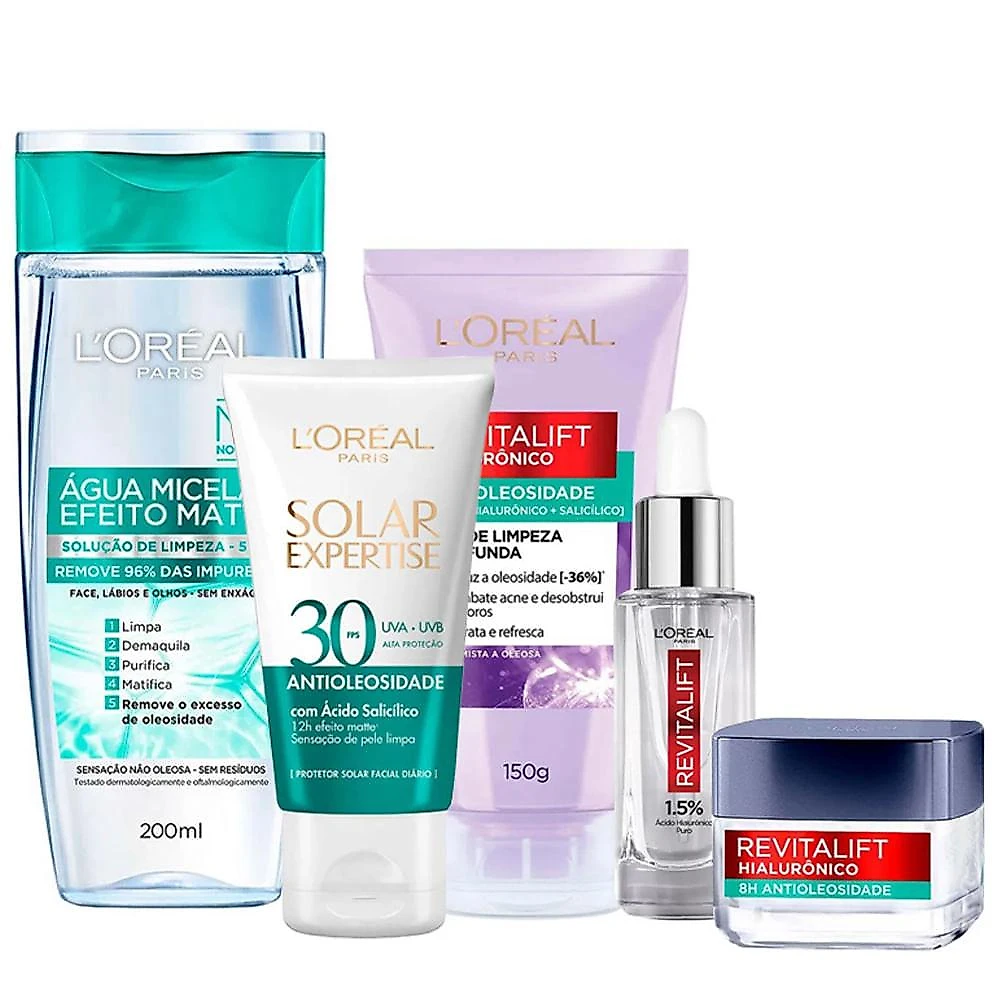 L’oréal paris kit – Água micelar 200ml + gel de limpeza 150g + gel creme 50ml + sérum preenchedor 30ml + protetor solar fps30 40g