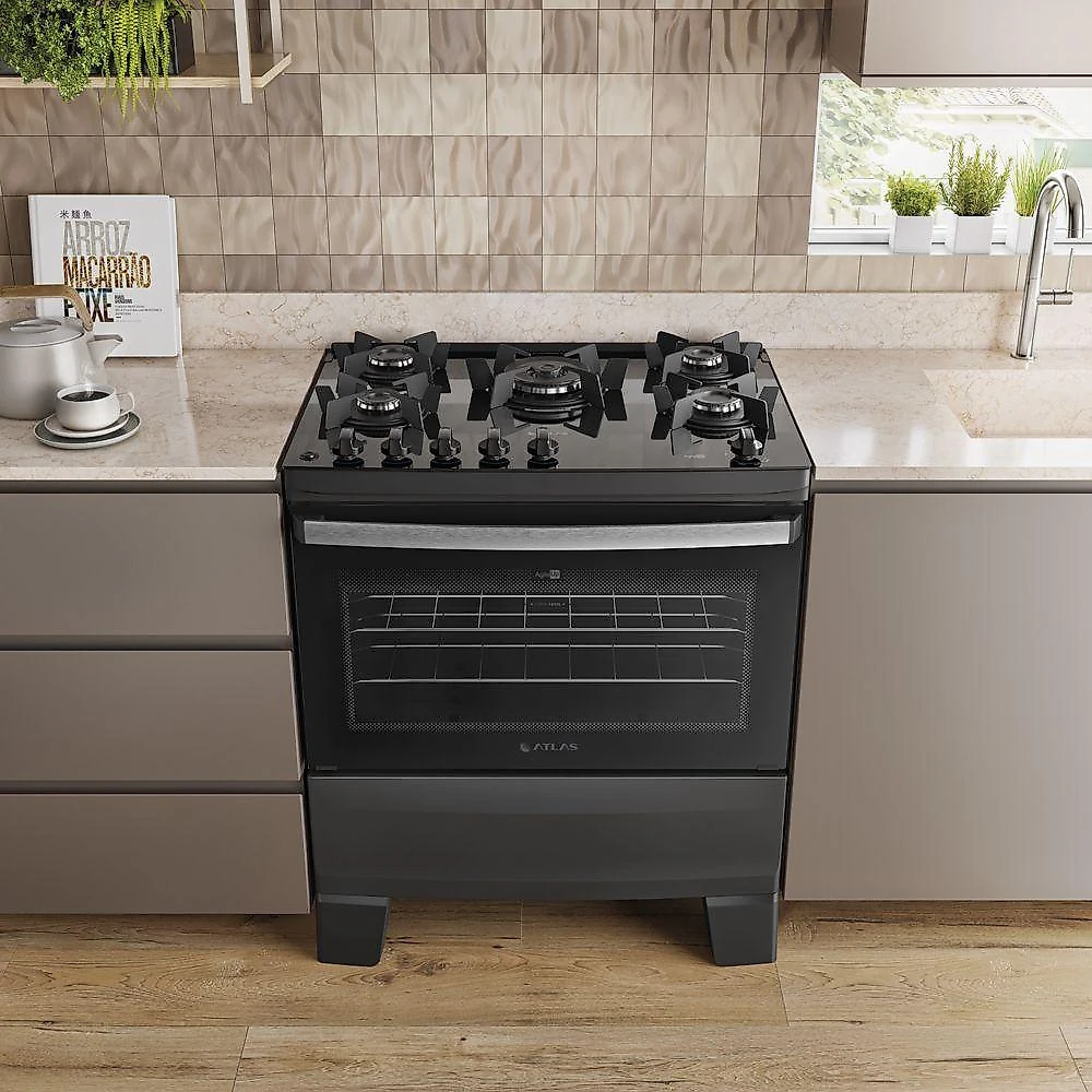 Fogão 5 Bocas Atlas Agile Up Glass Automático Mesa De Vidro Preto Bivolt