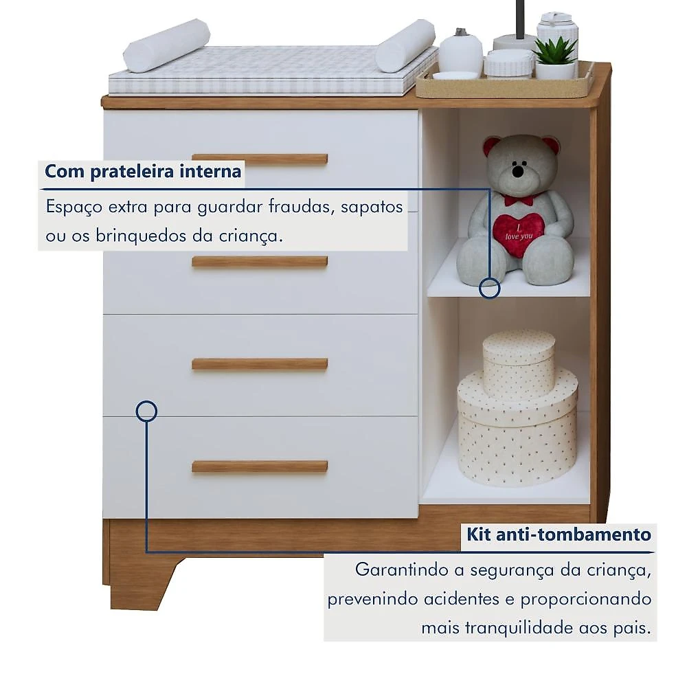 Quarto de Bebê Completo com Cômoda, Berço com Colchão e Guarda Roupas Mila Branco/Amadeirado