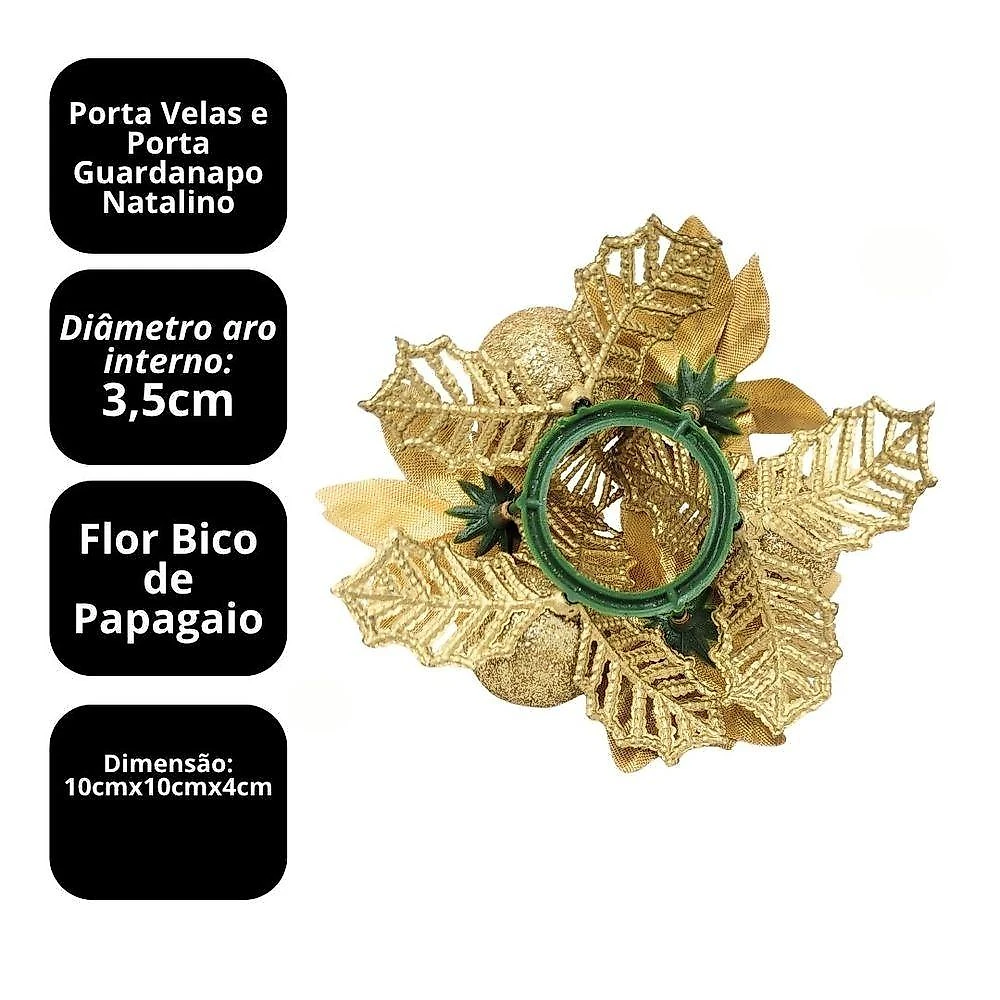 Kit 4 Porta Guardanapo Bico de Papagaio Decorado Natalino 2 em 1 Porta Velas Dourado Yangzi