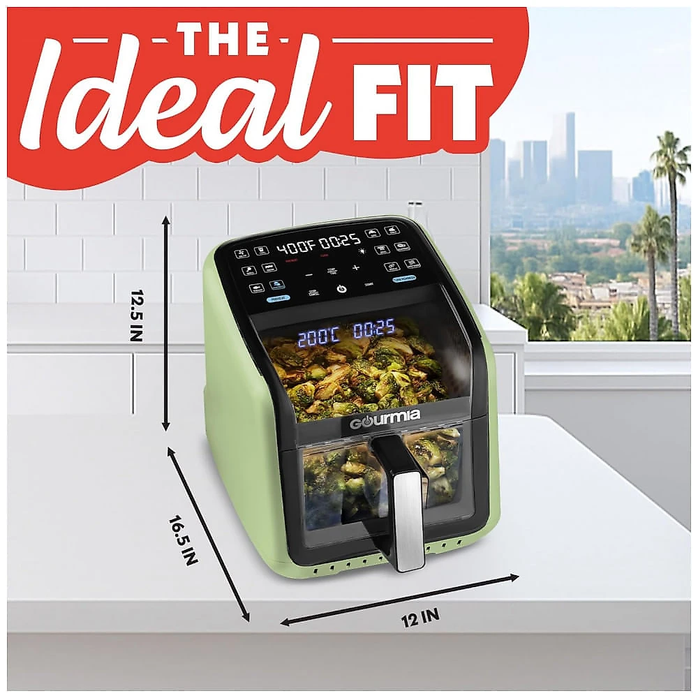 Fritadeira Elétrica Air Fryer Gourmia verde 6,6L Janela Panorâmica 12 Programas FryForce 360 1500W 110V