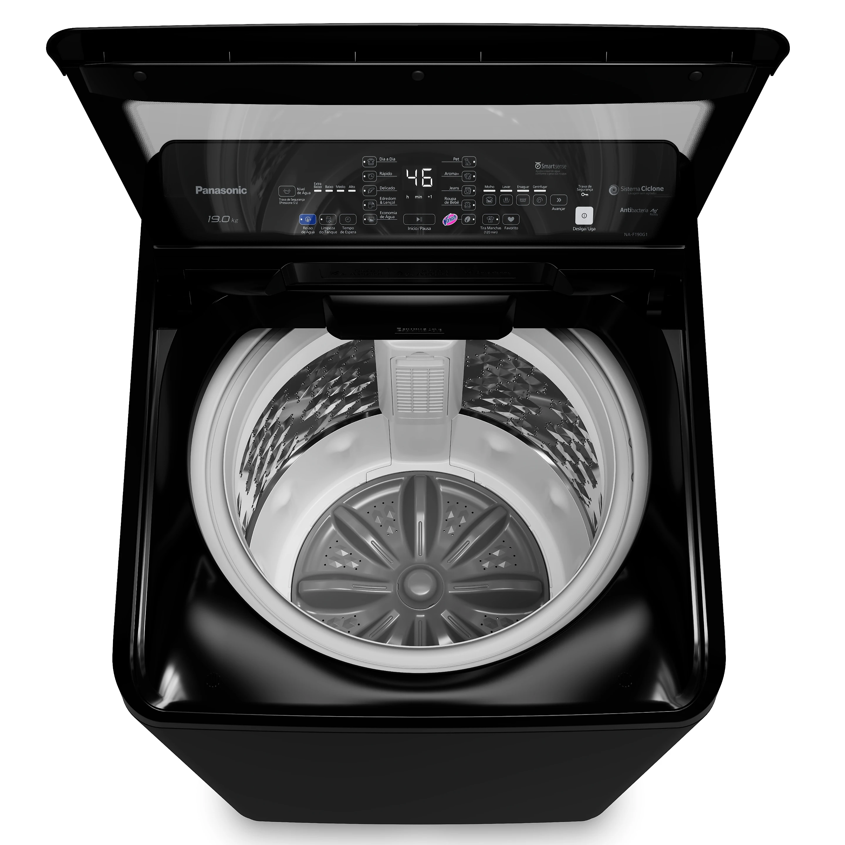Miniatura Máquina de Lavar Intuitive+ Panasonic Lavagem Eficiente Sistema Ciclone 19 kg Preta - NA-F190G1B 127v