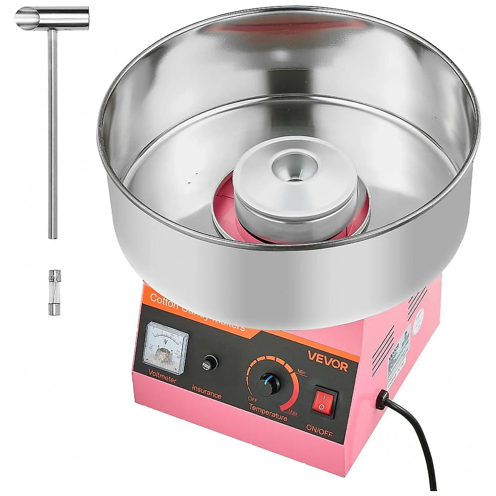 Máquina de Algodão Doce VEVOR 1000W Inox 38 cm Proteção Antiaquecimento Rosa 110V
