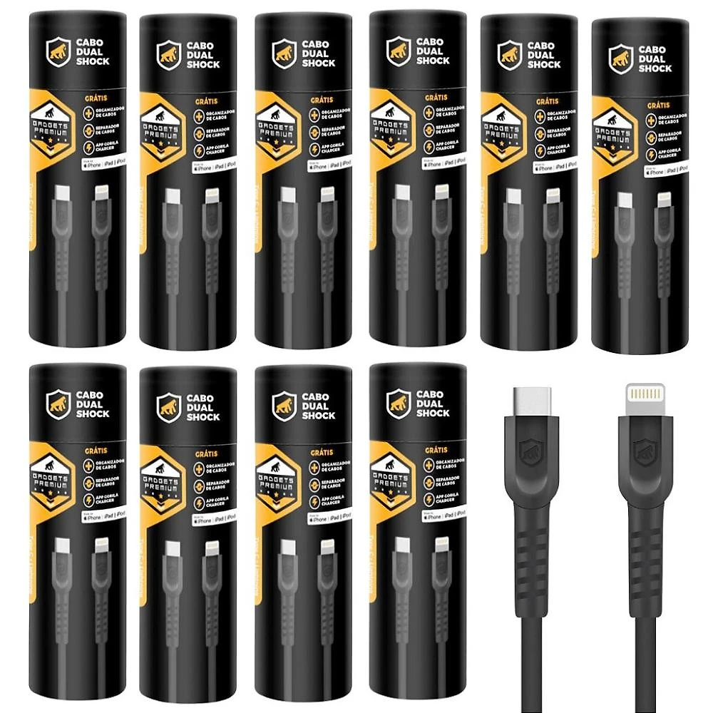 Cabo Dual Shock Lightning / Type C - Preto - 1,2m - no Atacado - Caixa Fechada 10 Unidades - Gshield