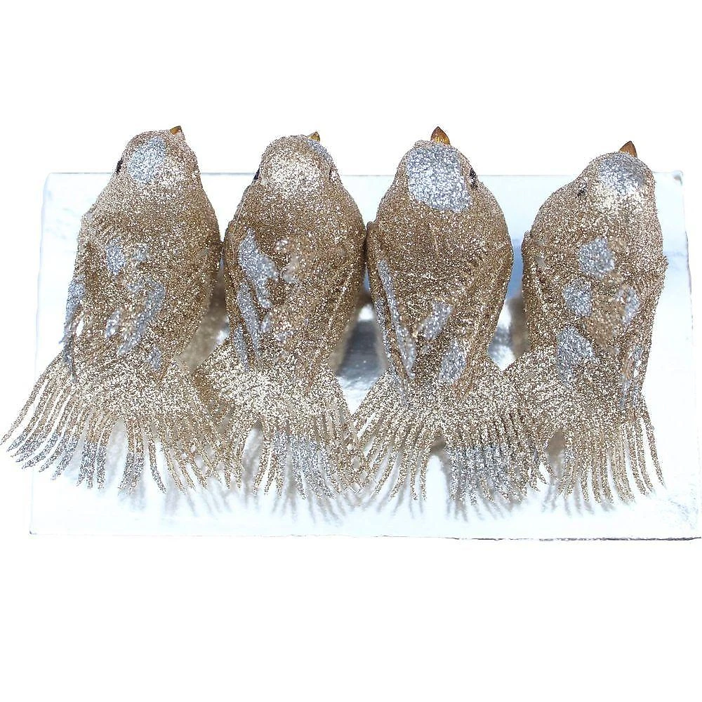 Kit 12 Presilha Pássaro Natalino para Decoração de Árvore com Glitter Bronze Dourado e Prata