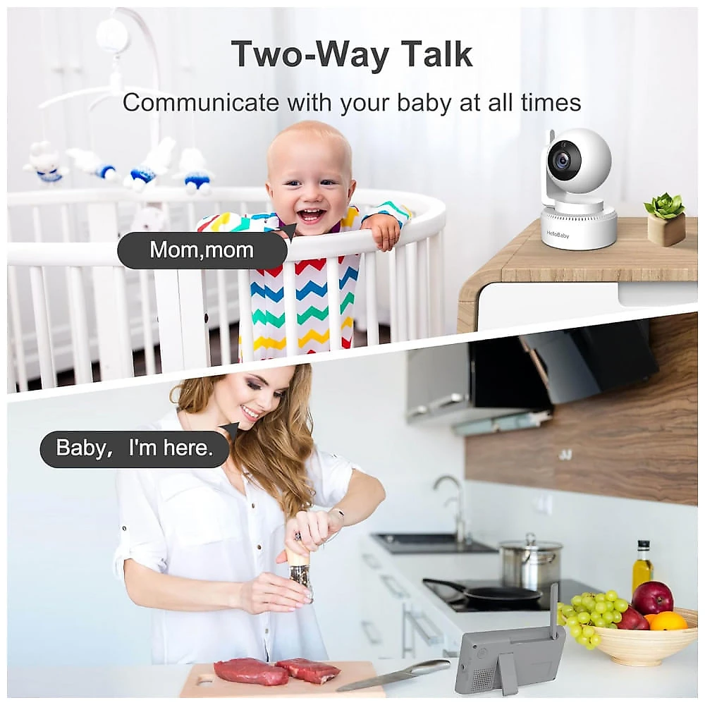 Babá Eletrônica HelloBaby 10 cm com Bateria de 30 Horas, Controle Remoto PanTiltZoom Sem WiFi, Câmera e Áudio, Visão Noturna, Modo ECO