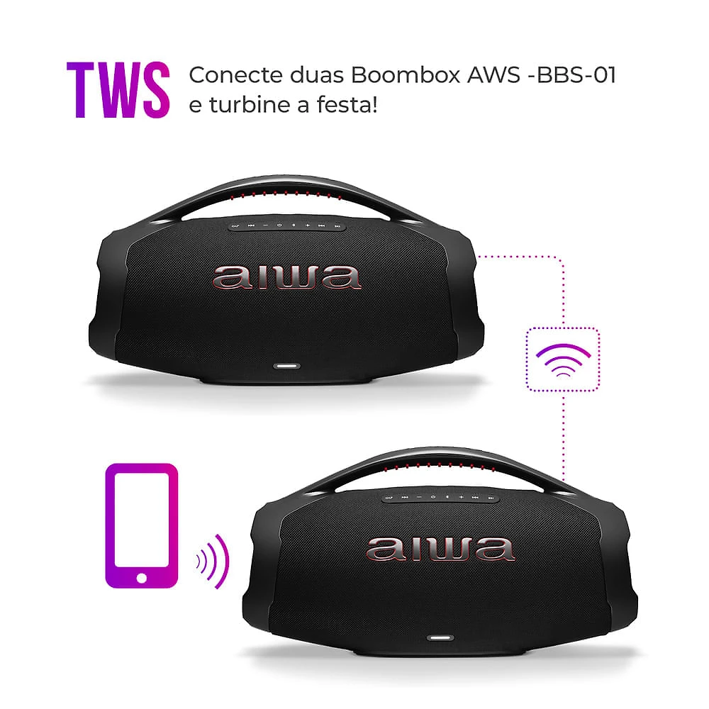Miniatura Caixa de Som Boombox Plus AIWA BBS-01-B 200W Bluetooth 30H IP66 USB Preto BOOMBOX AWS-BBS-01-B BIVOLT