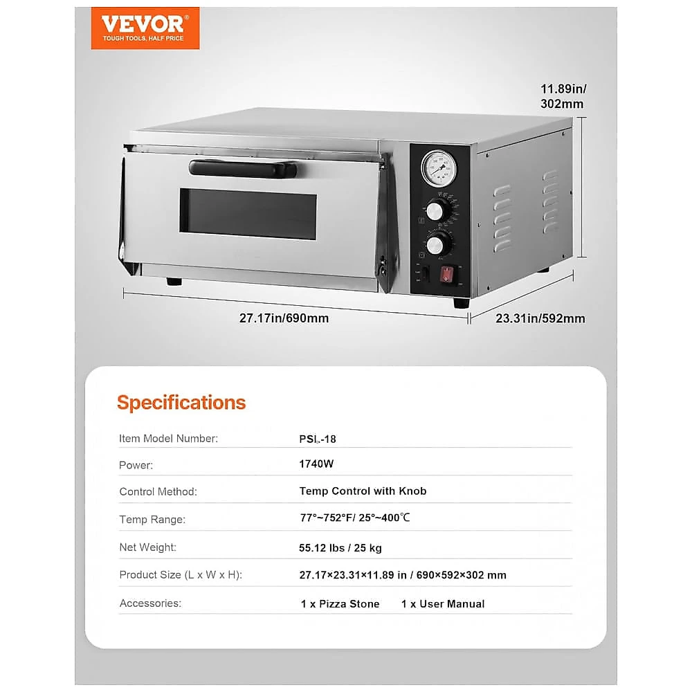 Forno de Pizza Elétrico VEVOR PSL-18 45 cm Bancada 400°C Pedra Refratária Temp e Timer 110V