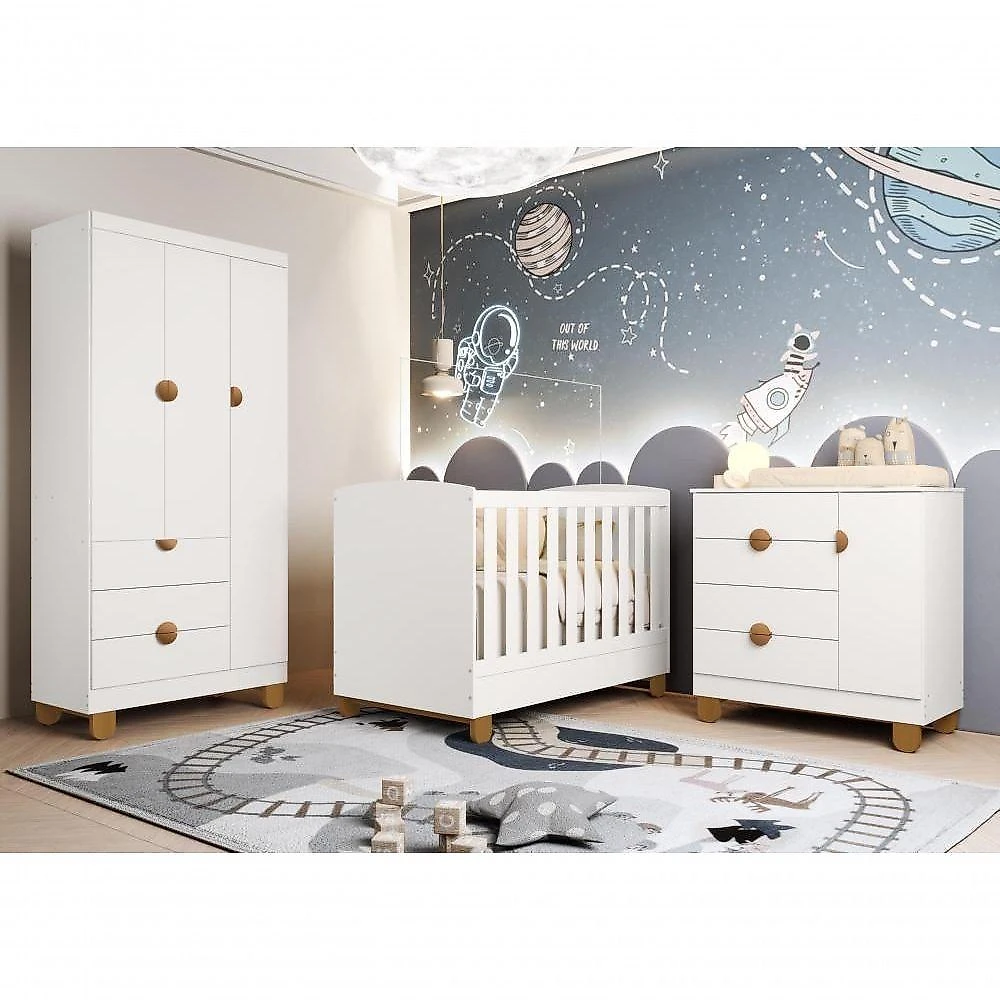 Quarto de Bebê Completo Apolo MDF 90CM Branco Fosco Berço Americano Cômoda Sapateira Guarda Roupa