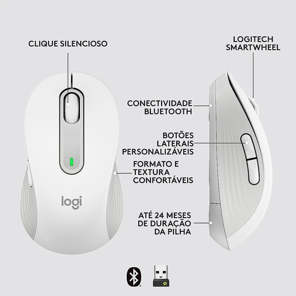 Mouse Sem Fio Logitech Signature M650, 2000 DPI, Compacto, 5 Botões, Silencioso, Bluetooth, USB, Branco - 910-006252