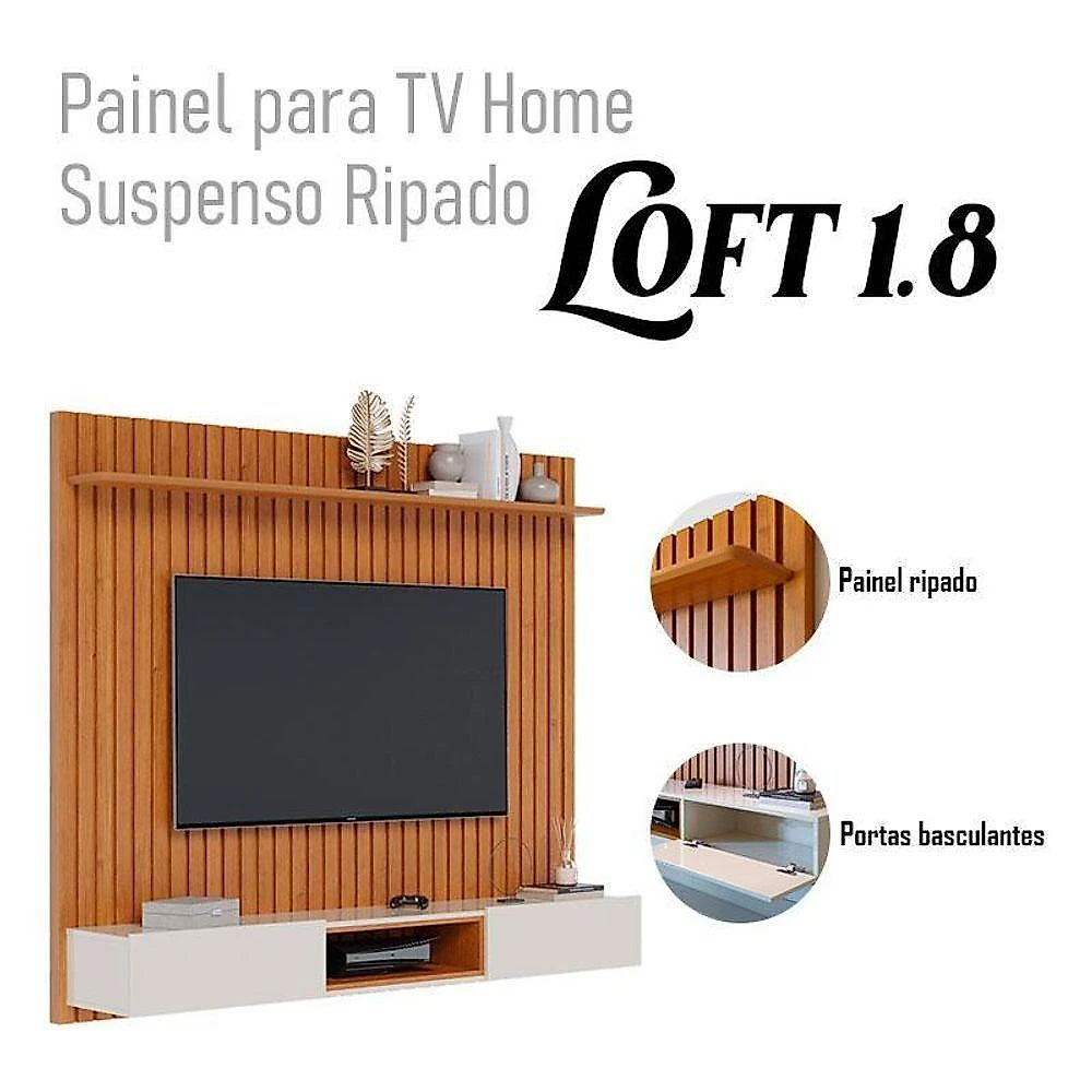 Painel Suspenso Loft 1.8 Com Mesa De Centro Classic Redonda Nature Off White - Imcal