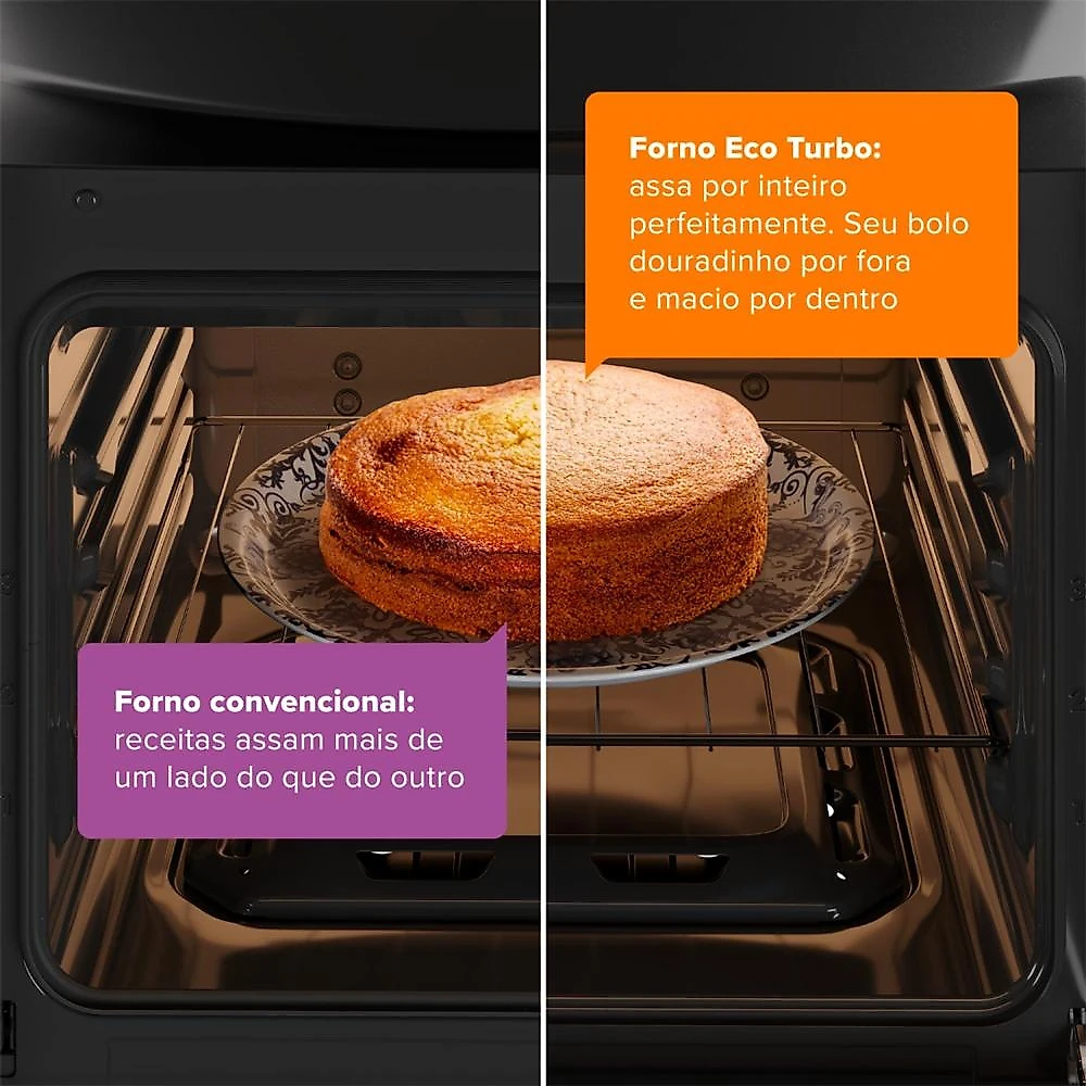 Fogão continental 4 bocas fc4gb preto mesa de vidro forno eco turbo grades de ferro fundido bivolt