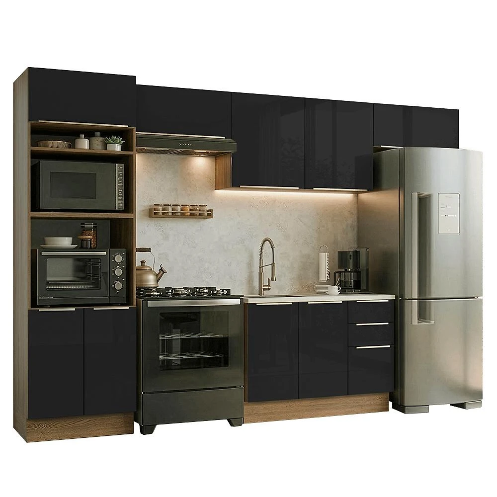 Armário de cozinha completa 350 x 60 cm rustic/preto lux madesa 02