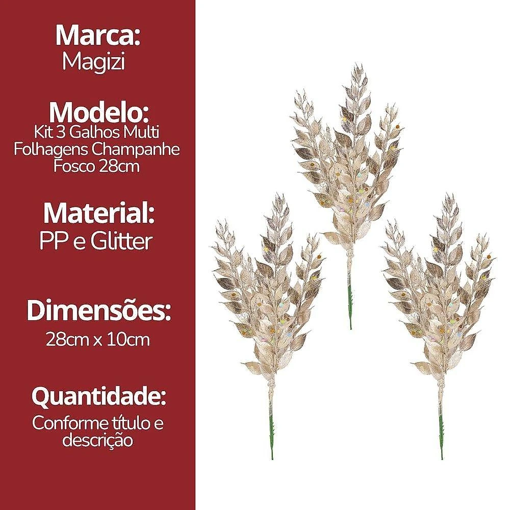 Galho Pick Natal Multi Folhas Champanhe Fosco Rosê Yangzi 3 UNIDADES 28CM