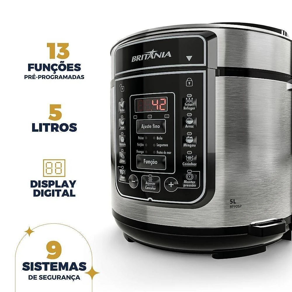 Panela de Pressão Elétrica Britânia BPP05P 5L 900W Inox 110V