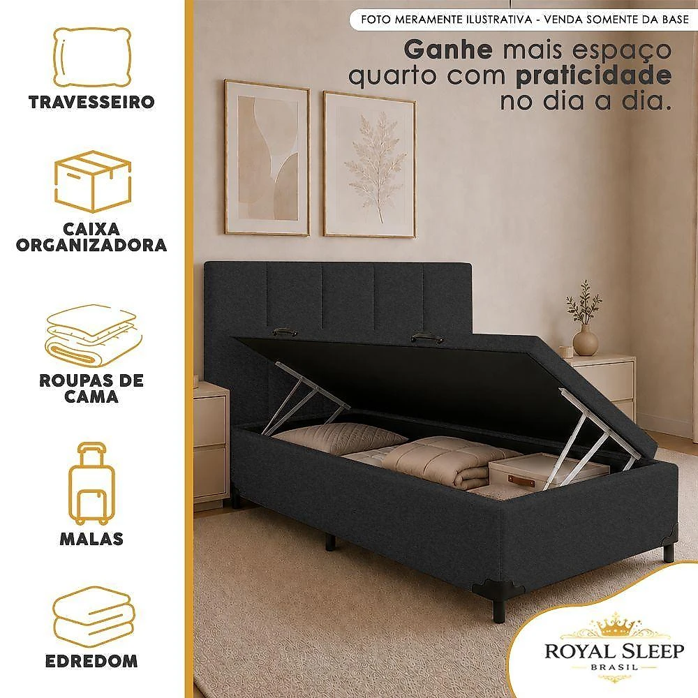 Cama Box com Baú Solteiro Suede Antiácaro Preto Royal Sleep