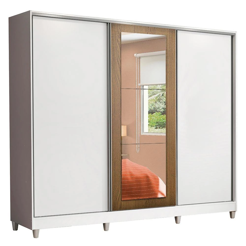 Guarda roupa casal 100% mdf madesa eros 3 portas de correr com espelho com pés - branco/rustic
