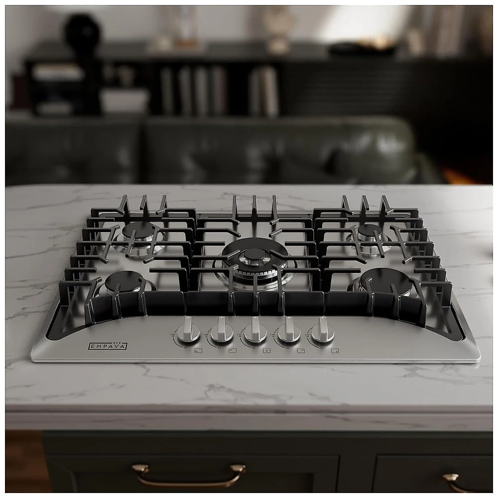 Cooktop a gás 76cm Empava inox 5 queimadores SABAF selados 37700BTU dual fuel GN/GLP ignição elétrica 110V