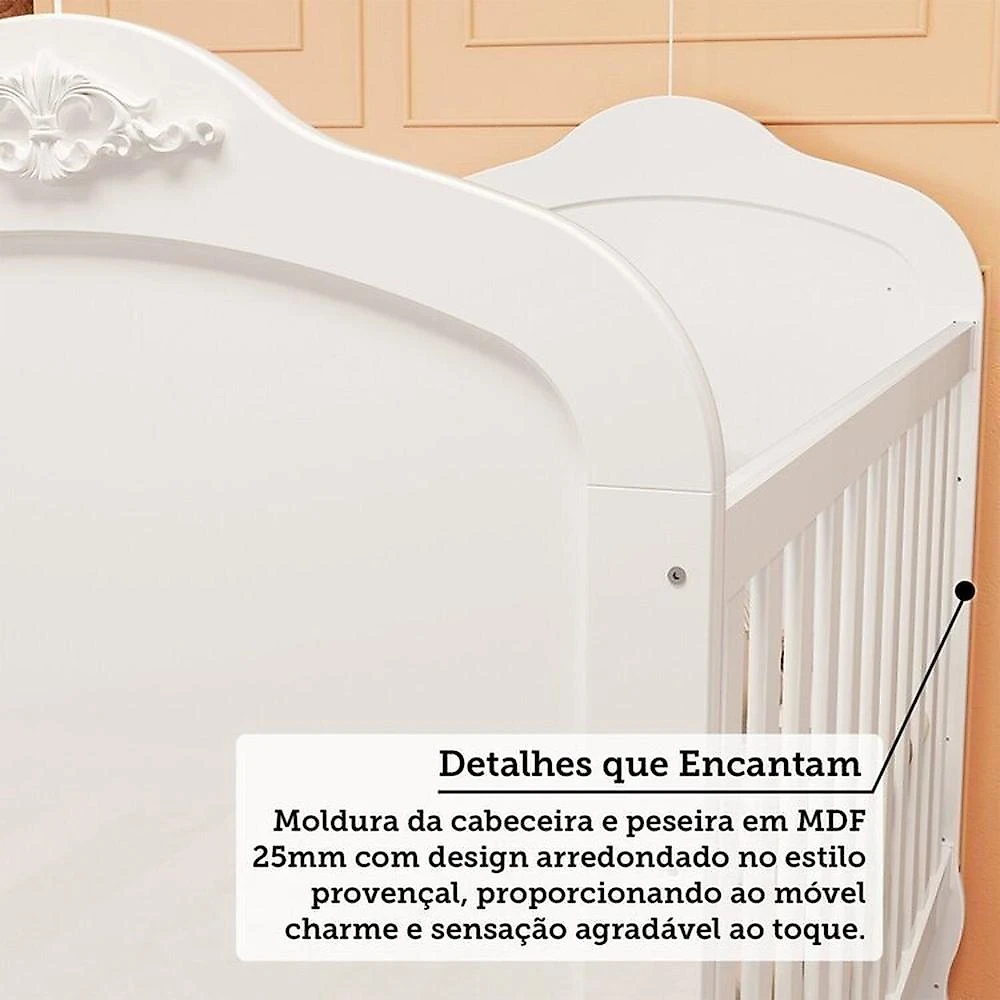 Quarto de Bebê Berço Minicama Guarda-roupa e Cômoda Janeladas 100% Mdf Maya Clássico Espresso Móveis Amêndoa/Branco Brilho