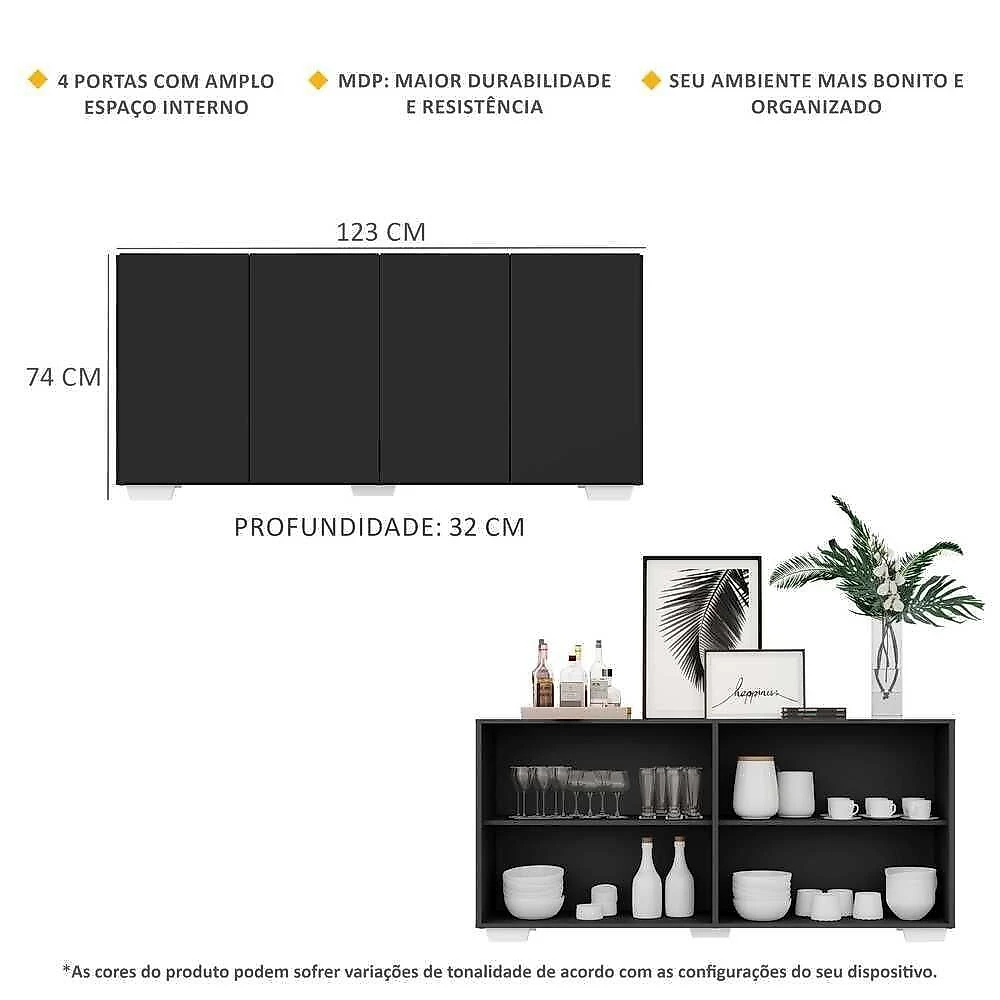 Aparador Buffet 4 Portas Com Pés Quadrados Veneza Multimóveis V3557 Preto/Branco Preto/Branco