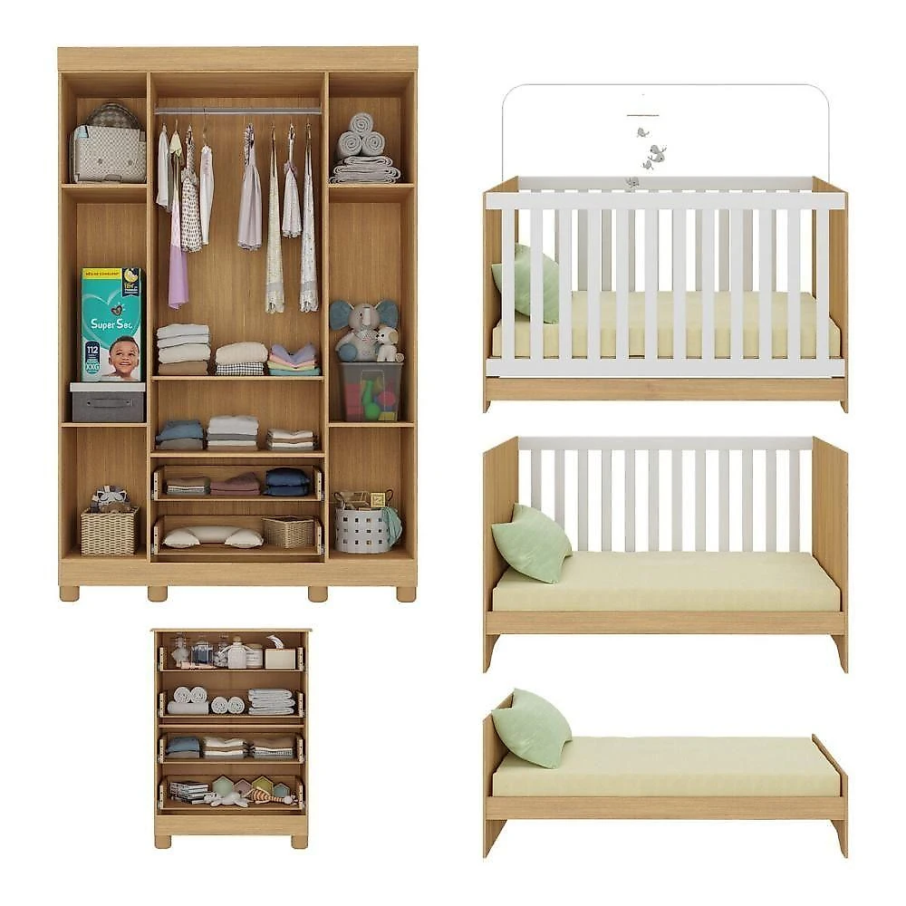 Quarto De Bebê Completo Com Berço Americano 3 Em 1 Allegra Multimóveis MP4586 Madeirado-off White