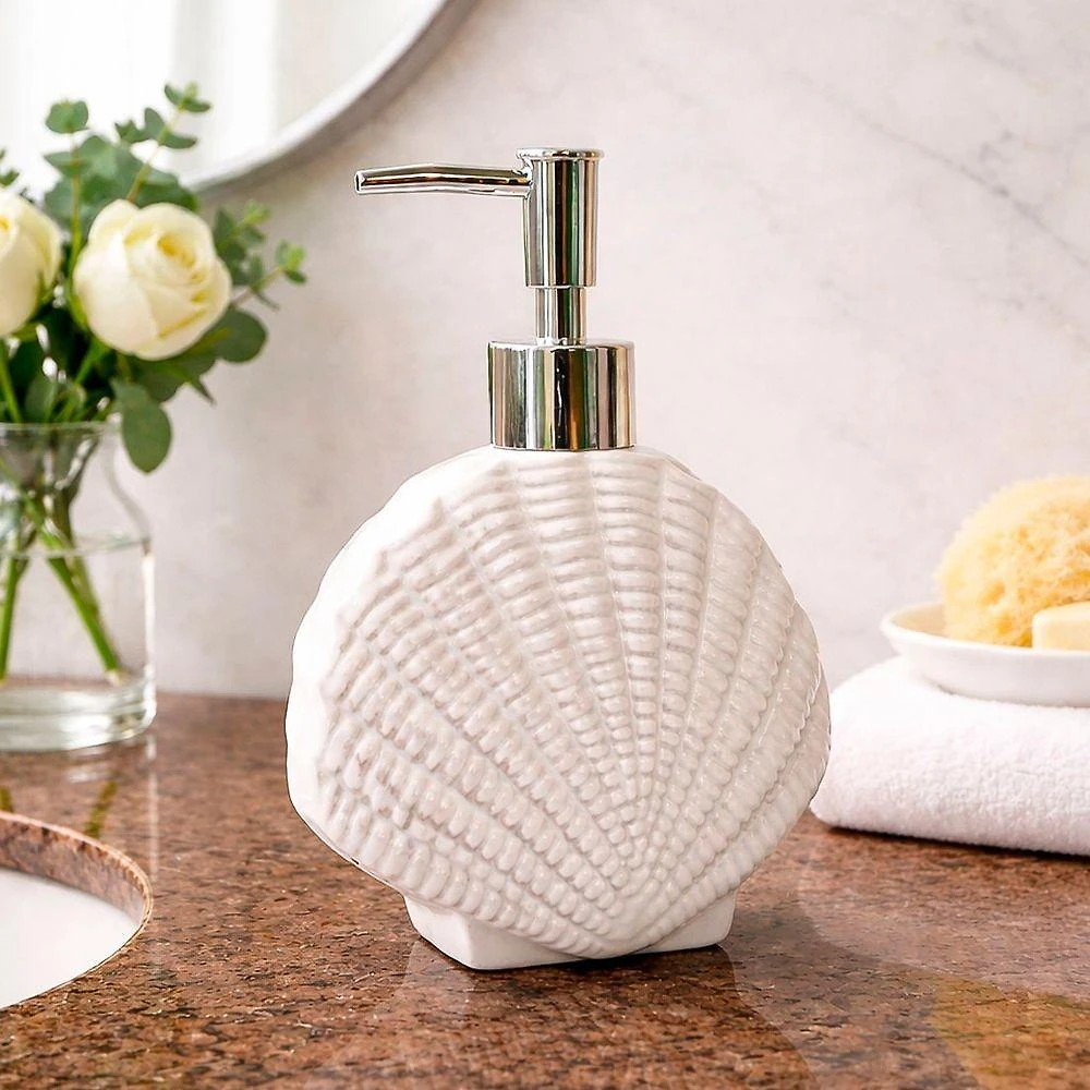 Porta Sabonete Líquido Dispenser Praia Mar 350ml Cerâmica para Lavabo Branco