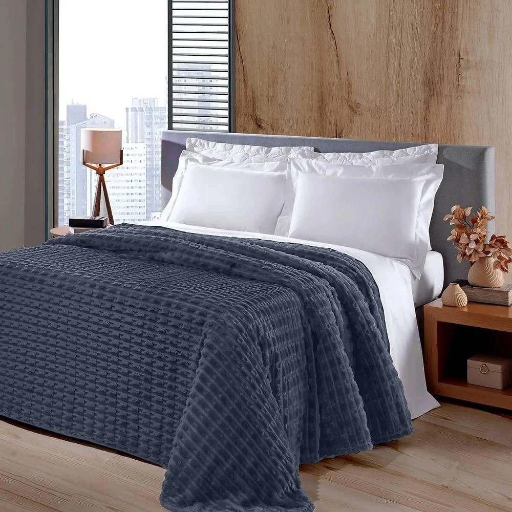 Manta Microfibra Flannel Relevo Jacquard Solteiro 100% Poliéster Azul Marinho Buettner