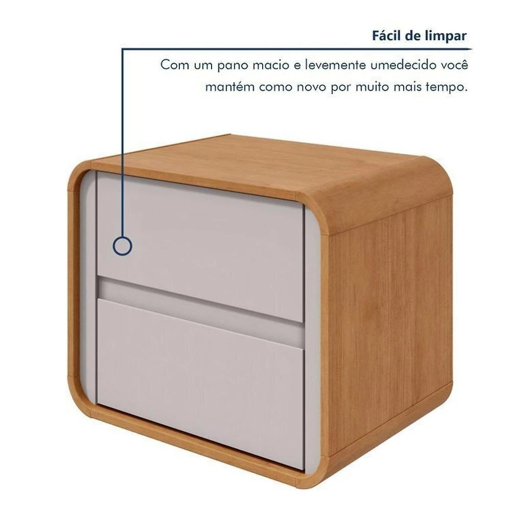 Quarto Completo Cama Solteiro com Cômoda 8 Gavetas e Mesa de Cabeceira Amêndoa Clean/Off White