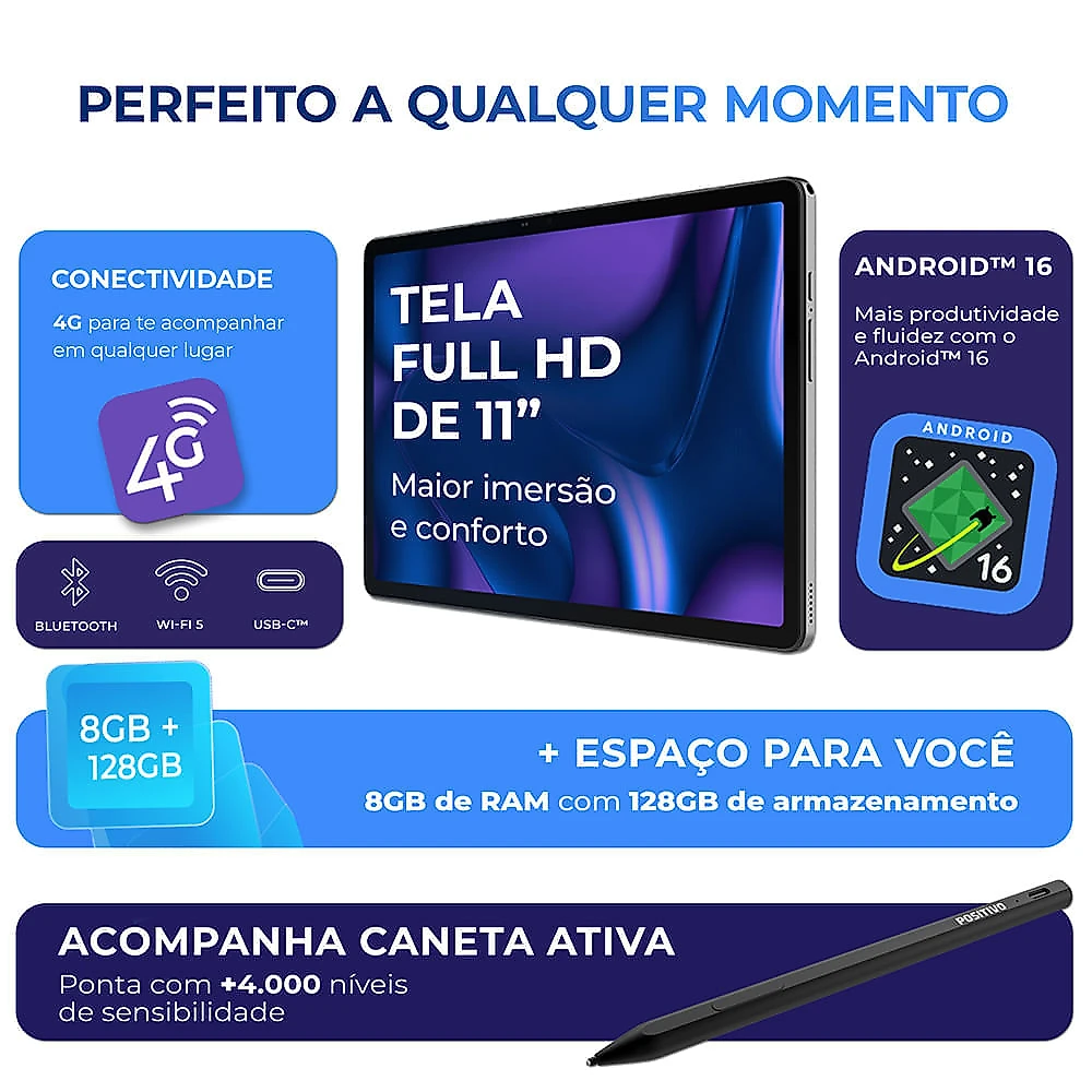 Tablet Positivo Vision TAB 11 com Capa Teclado e Caneta 8GB RAM 128GB 4G 11” Full HD Octa-Core - Preto