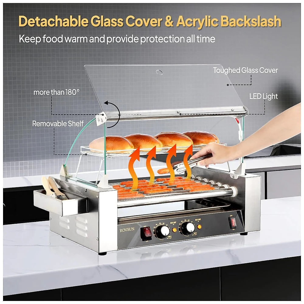 Máquina de Salsicha Hot Dog Rovsun Grill para 18 Hot Dogs, 7 rolos, 1050W, controle de temperatura duplo, iluminação LED, tampa, prateleira removível