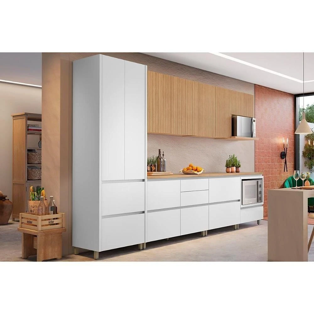 Cozinha Modulada Completa Rainha Gourmet 7 Peças 33 Aéreos + 3 Balcões + 1 Paneleiro C6p37 Branca Nature