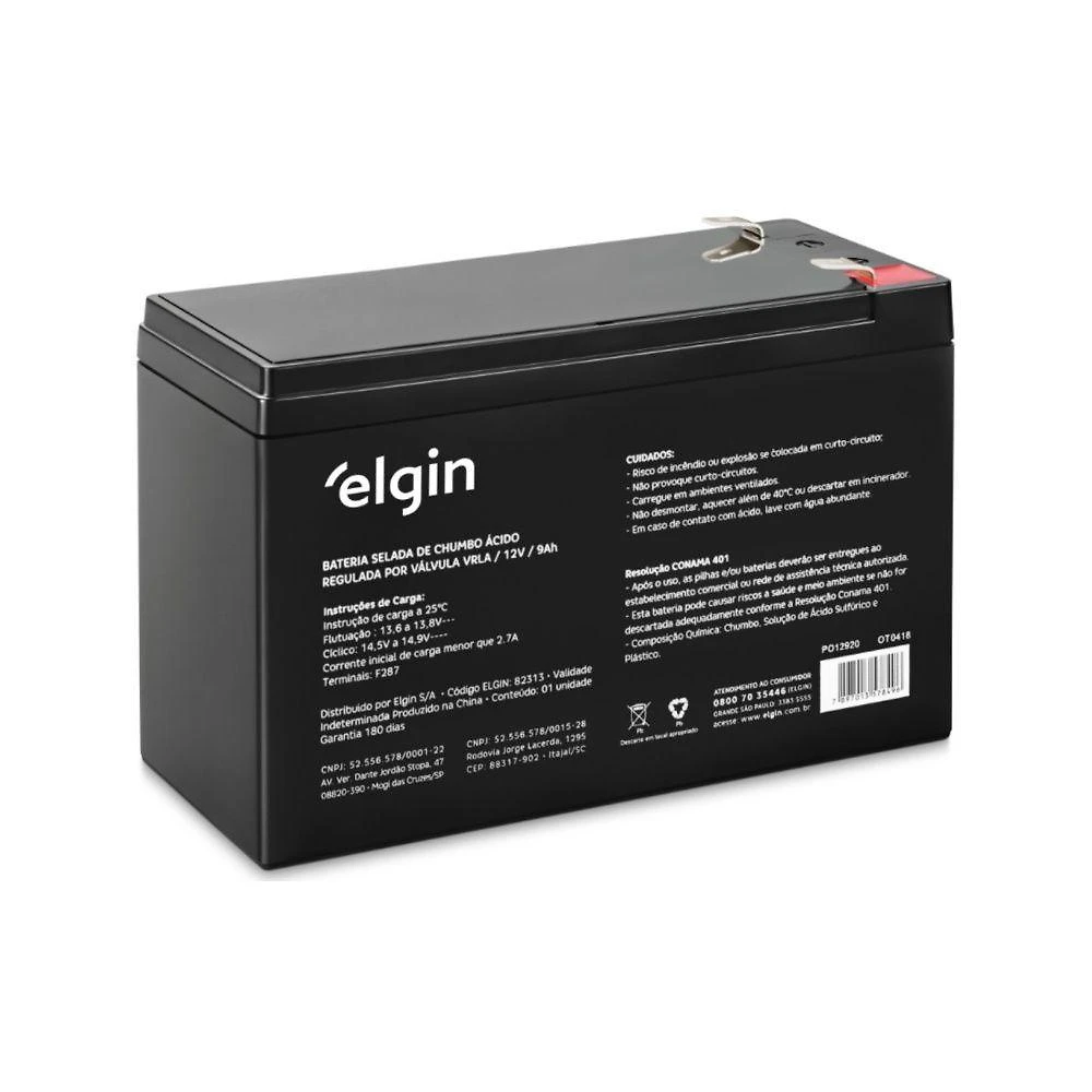 Bateria Selada Elgin VRLA 12V 9Ah Terminal F2 para Nobreak Alarme e Iluminação