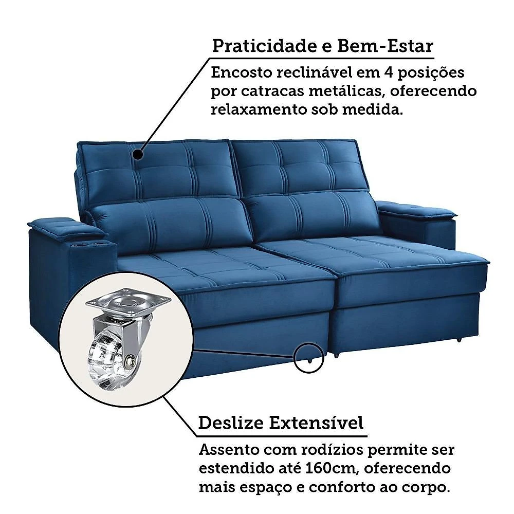 Sofá Retrátil e Reclinável 2 Lugares Bipartido com Porta Copos Cobán Espresso Móveis Azul