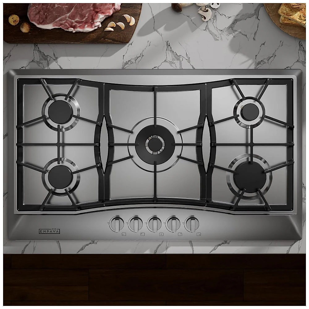 Cooktop a gás 91cm Empava inox 5 queimadores SABAF selados 57500BTU dual fuel GN/GLP ignição elétrica 110V