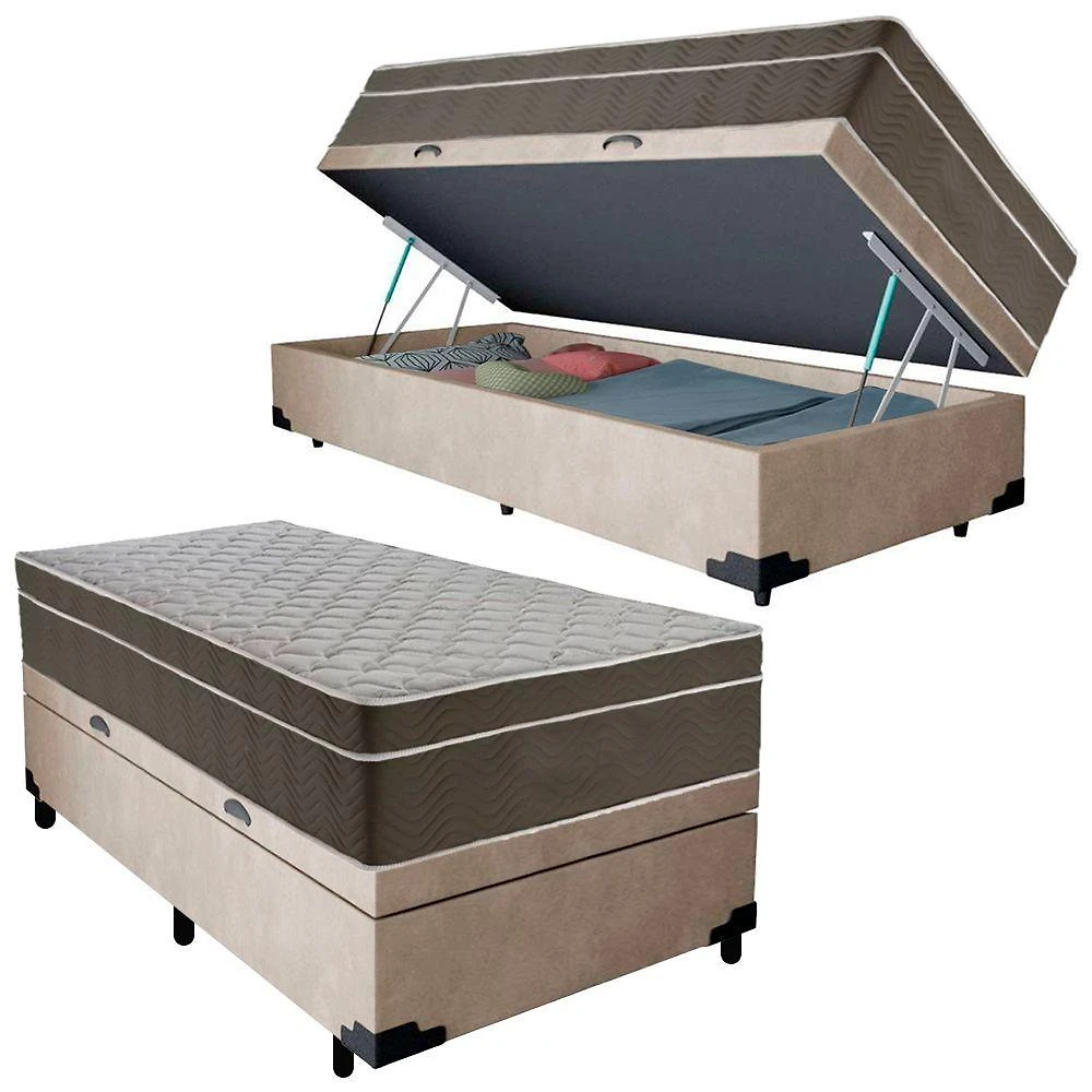 Cama Box Baú Suede Solteiro + Colchão Sereneprime Molas Ensacadas 88x188x69 Bege