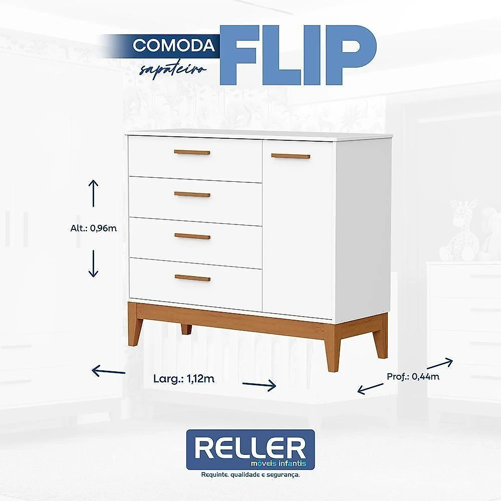 Jogo De Quarto Infantil Flip Cômoda 1 Porta E Berço Americano Branco Fosco - Reller Móveis Branco Fosco