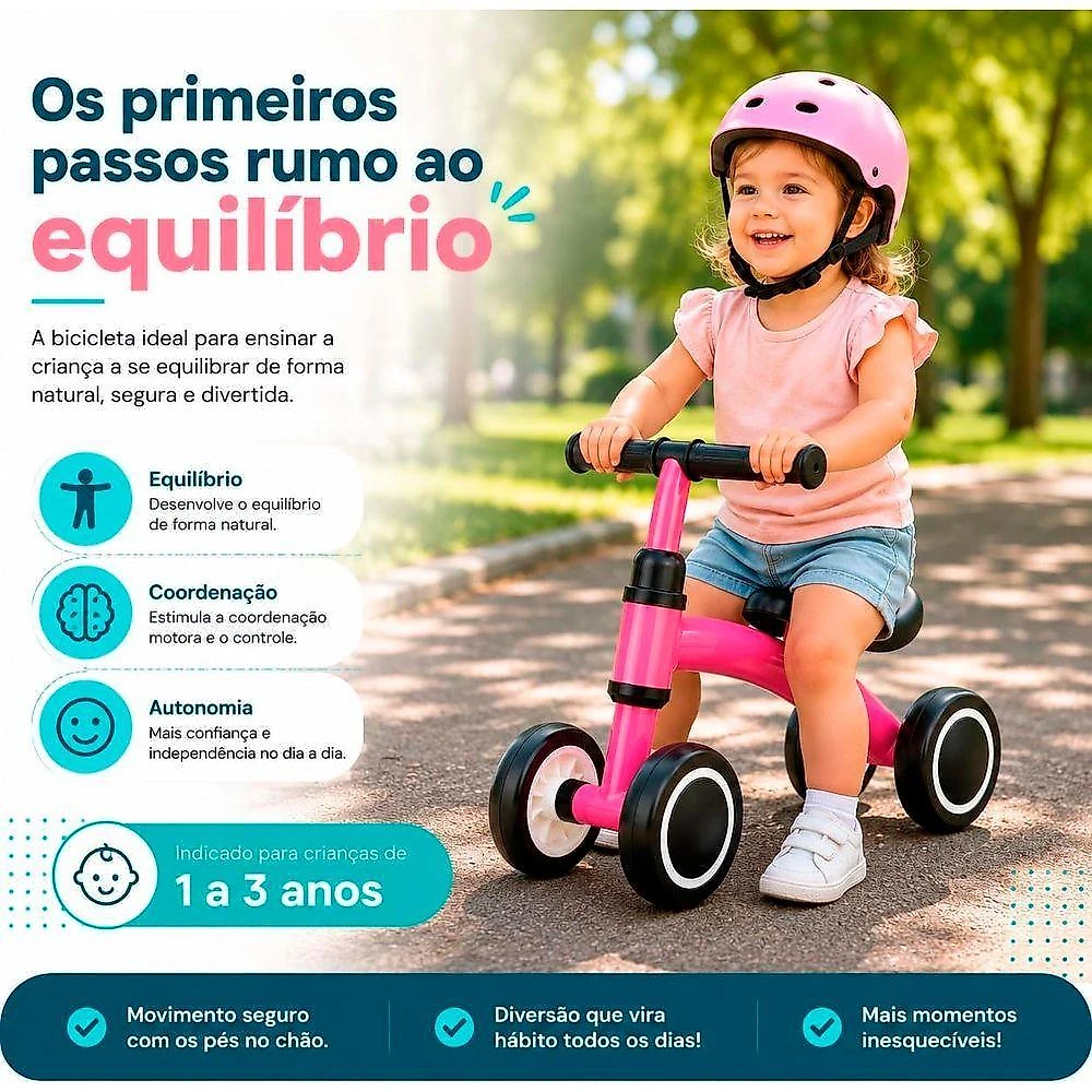 Bicicleta de Equilíbrio Infantil sem Pedal 4 Rodas Assento Anatômico Guidão com Limitador de Giro