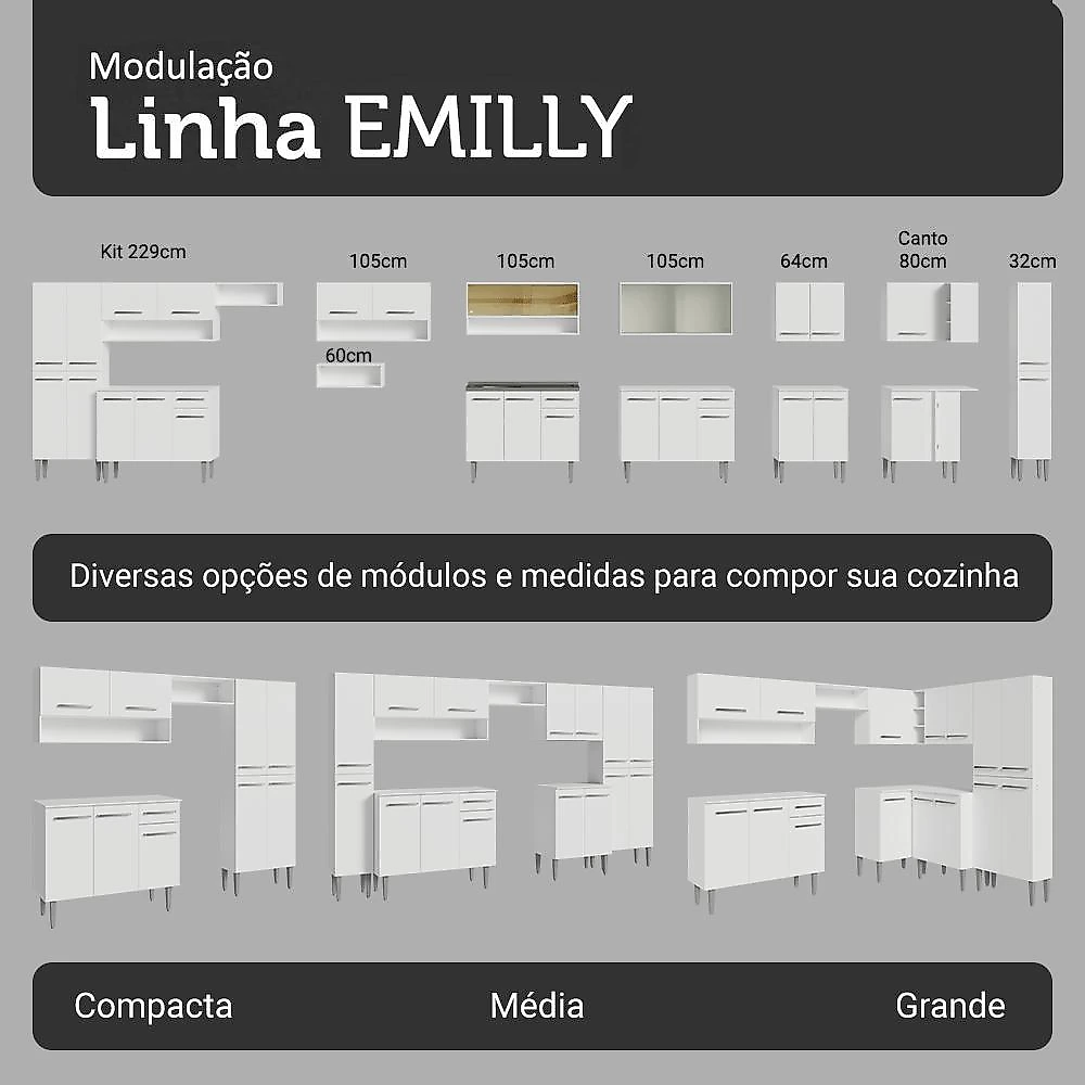 Armário de Cozinha Completa 293cm Emilly Madesa 02 Branco